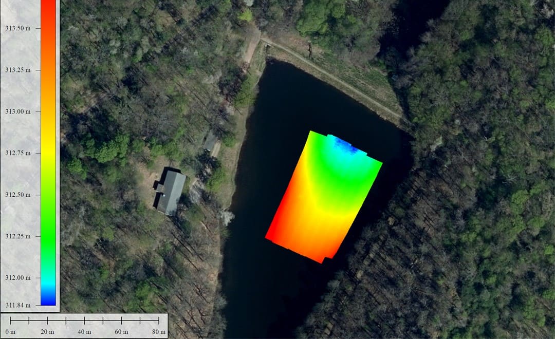 Resultados da medição da profundidade do lago, obtidos através do levantamento autónomo realizado pelo Apache 4 Pro.