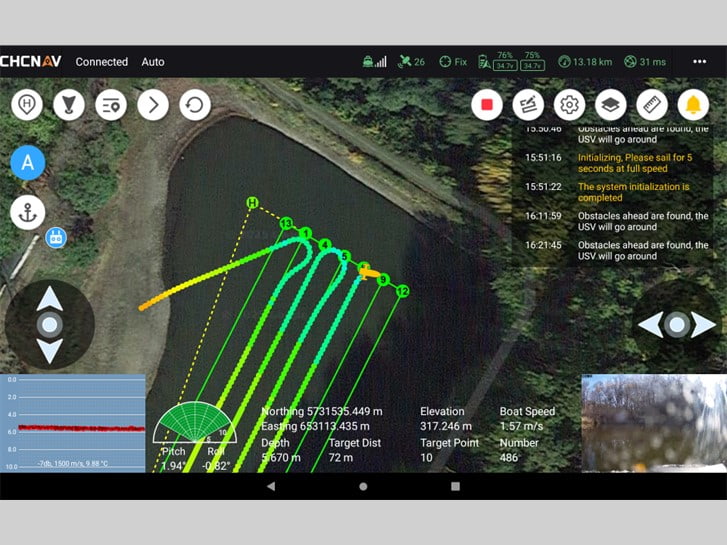 Levantamento do leito do lago com o sistema multifeixe HQ-400, com dados de sonar em tempo real.