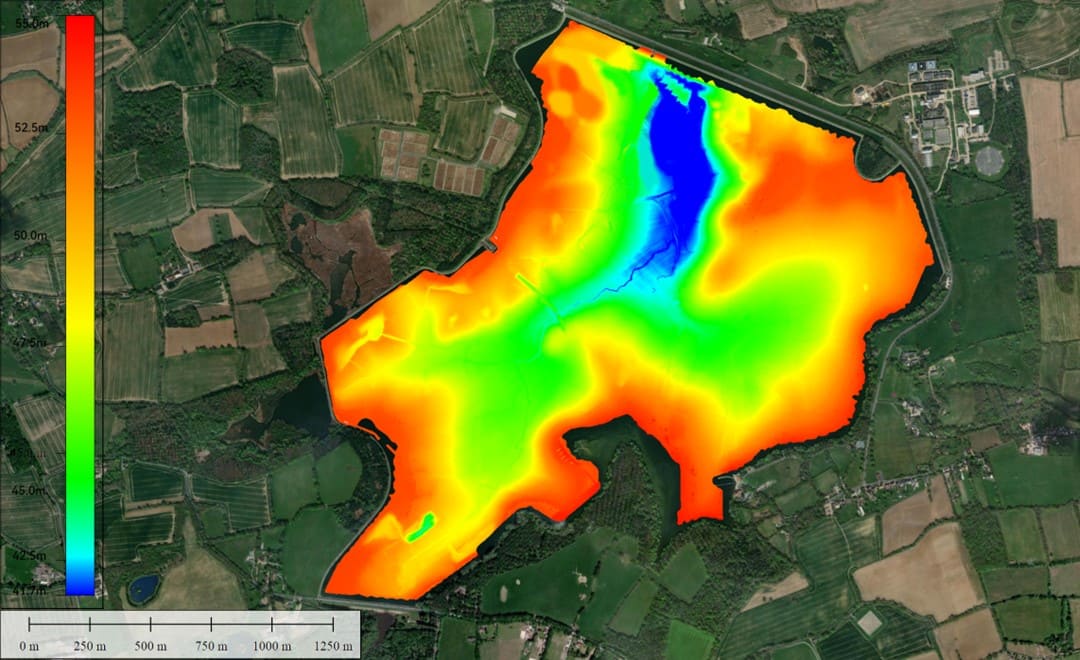 Reservoir depth model overlaid on satellite imagery showing underwater terrain.