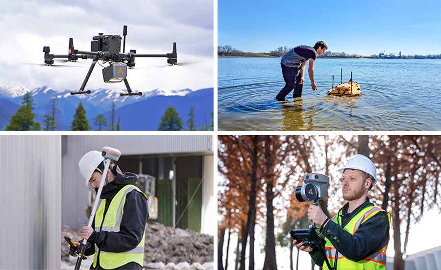CHCNAV solutions in action: UAV drone flying over snowy mountains, user operating Apache USV in water, field engineers using GNSS receiver and SLAM scanner in construction and forested environments.