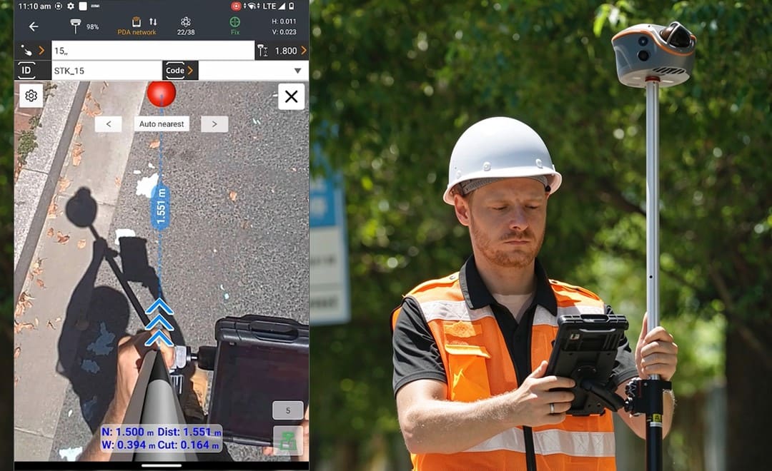 Géomètre utilisant le CHCNAV ViLi i100 pour l'implantation visuelle en CAO et en réalité augmentée.