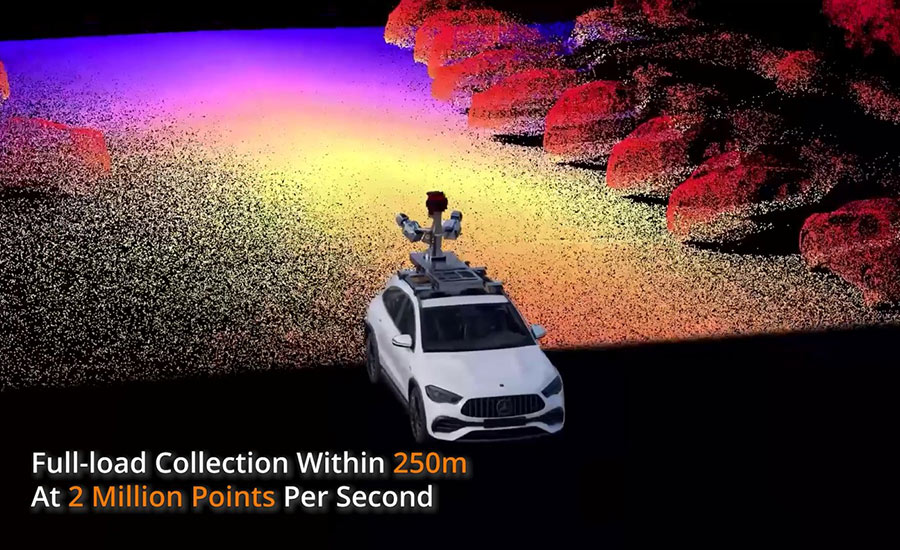 CHCNAV AU20 mobile mapping system mounted on a vehicle capturing high-density LiDAR data up to 250 m