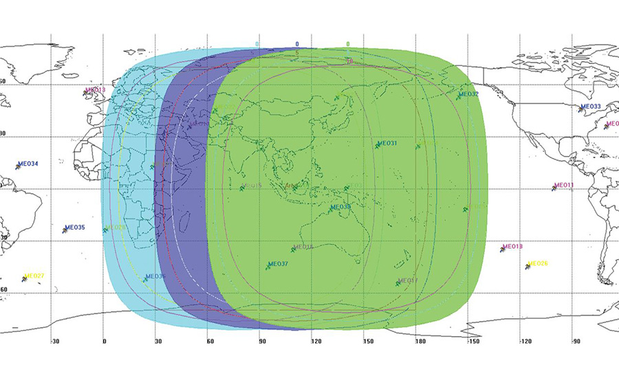 Carte de la couverture mondiale des signaux des satellites BDS-3 GEO, montrant le chevauchement des empreintes des signaux dans la région Asie-Pacifique, avec des zones de couverture codées en couleur.