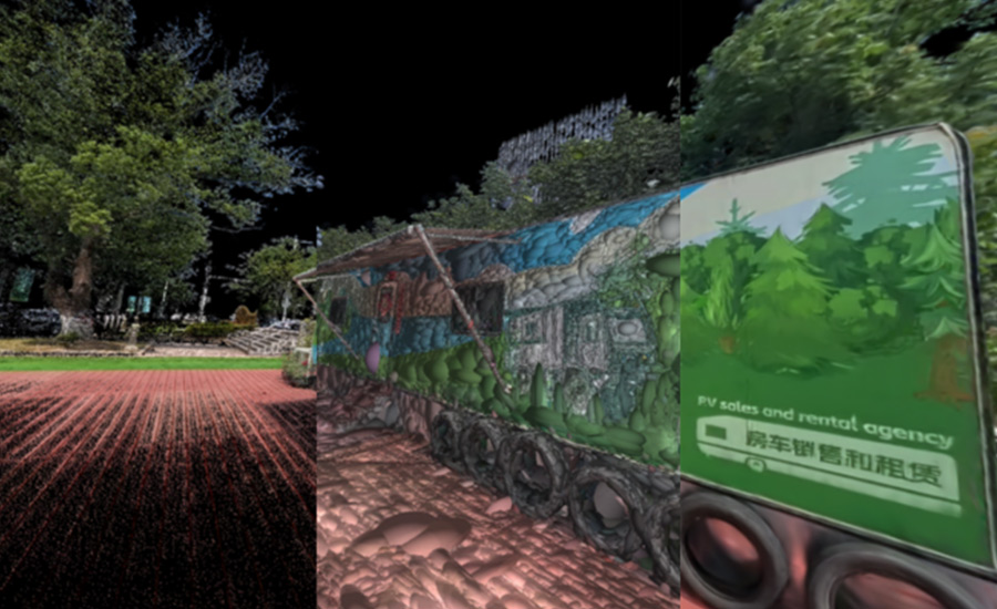 Mobile mapping point cloud visualization showing a street scene with a mural-covered vehicle and surrounding trees