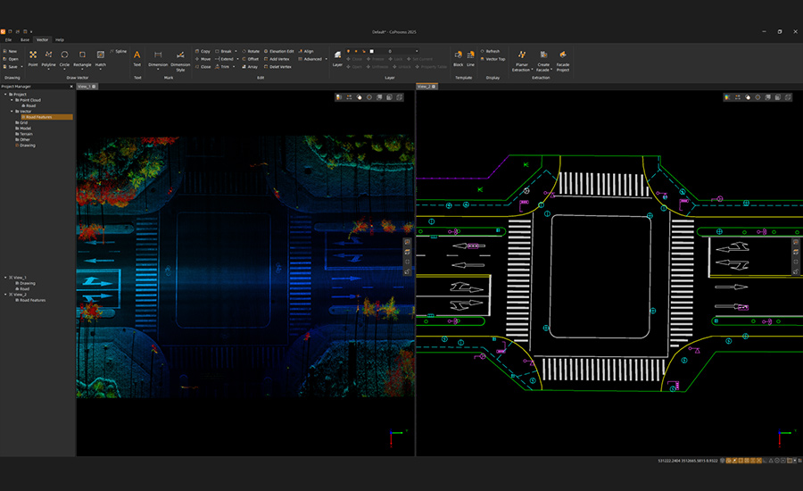 CoProcess software interface showing point cloud data processing and CAD-based visualization