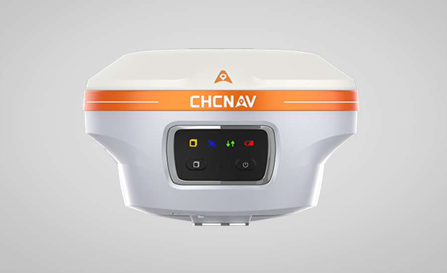 Frontansicht des Laser-RTK-Empfängers CHC Navigation i85 mit orangefarbener Abdeckung und Frontsensoren für die hochpräzise Landvermessung