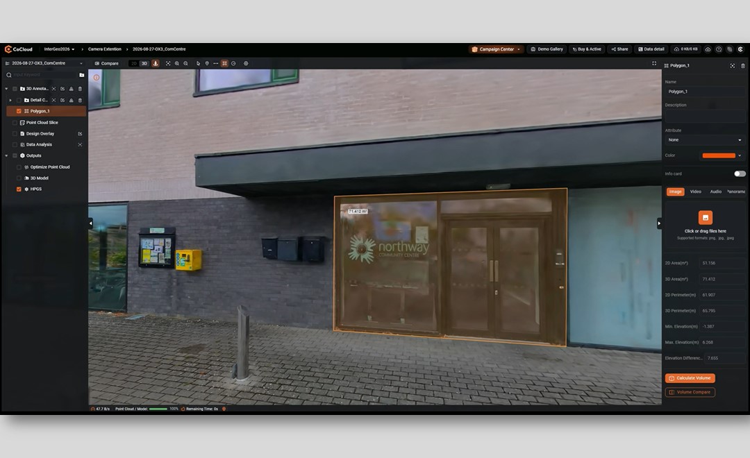 Measuring a front door in a 3DGS model using CHCNAV CoCloud.