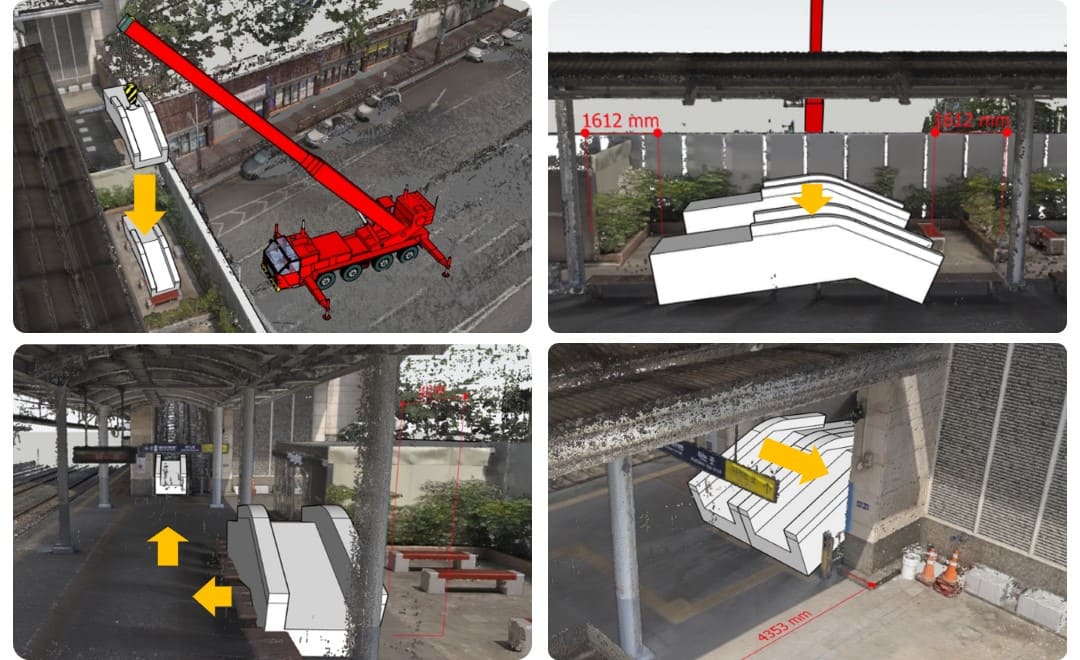 BIM-Simulation des Hebevorgangs und der Bauabfolge des Fahrtreppenfachwerks.