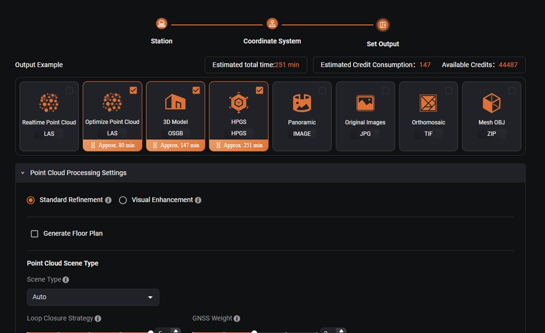 Selecting 3DGS, point cloud and 3D model outputs in CoCloud.