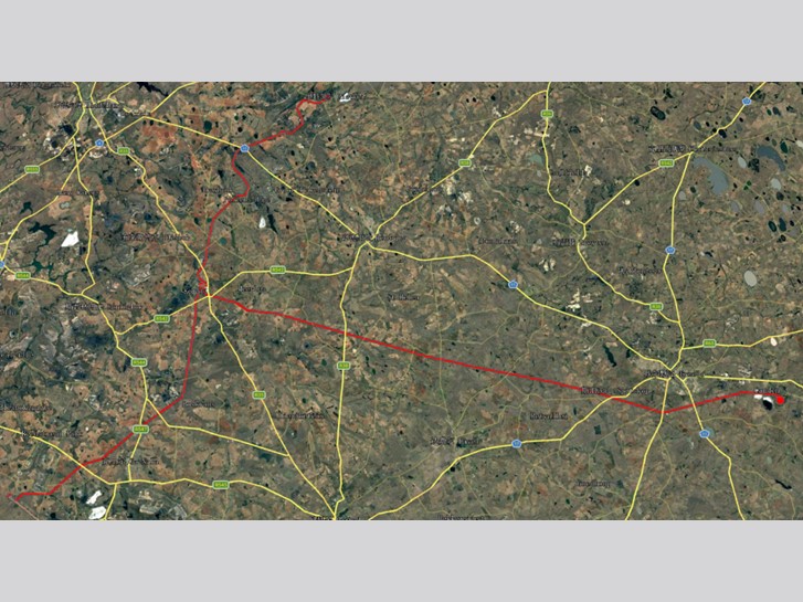 Mapa do corredor de estudo da linha elétrica na região de Komati, na África do Sul