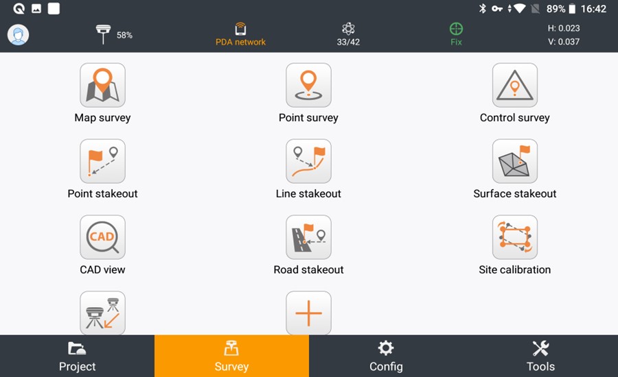 LandStar data collection software interface showing survey and stakeout task navigation for land surveying workflows.
