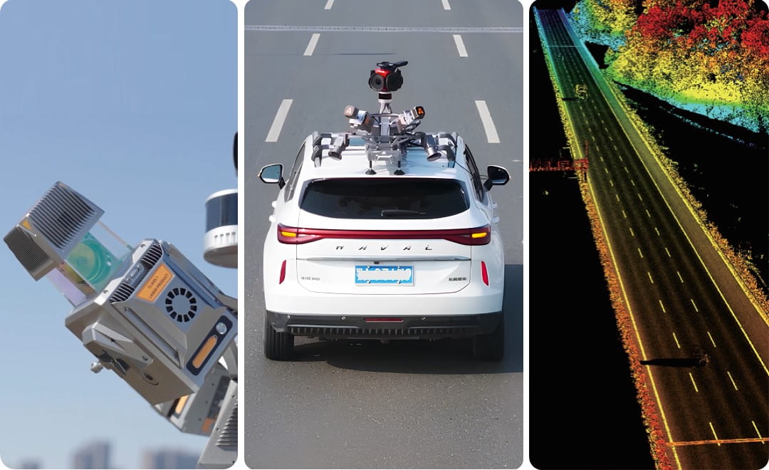 CHCNAV AU20 モバイルマッピングシステムが道路回廊を撮影している様子。